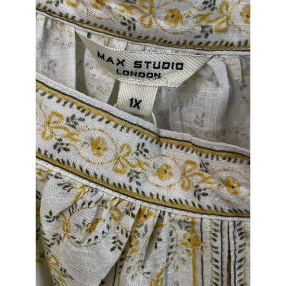 Max Studio London 1X Floral Yellow & White Boho Blouse With Puff Sleeves New - Picture 2 of 12